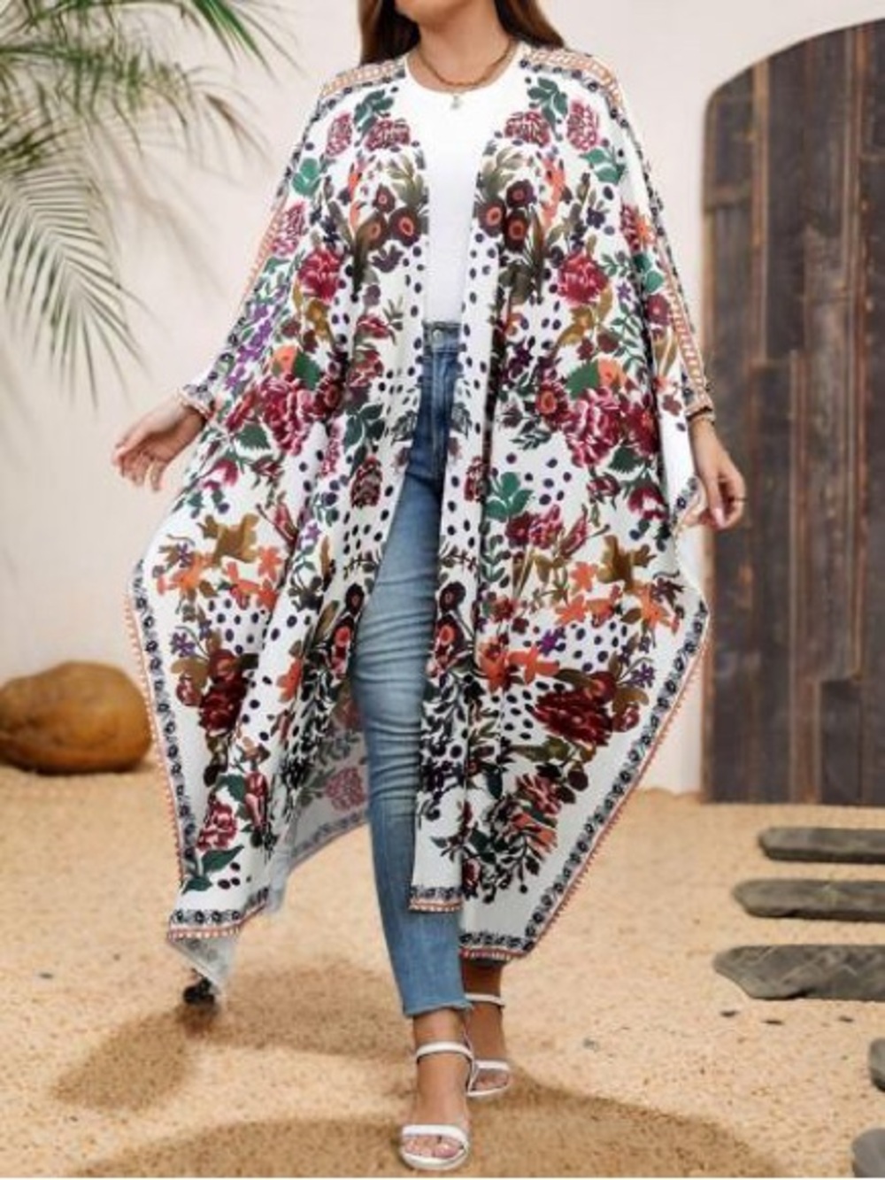 Floral White Open-Front Kimono Cape
